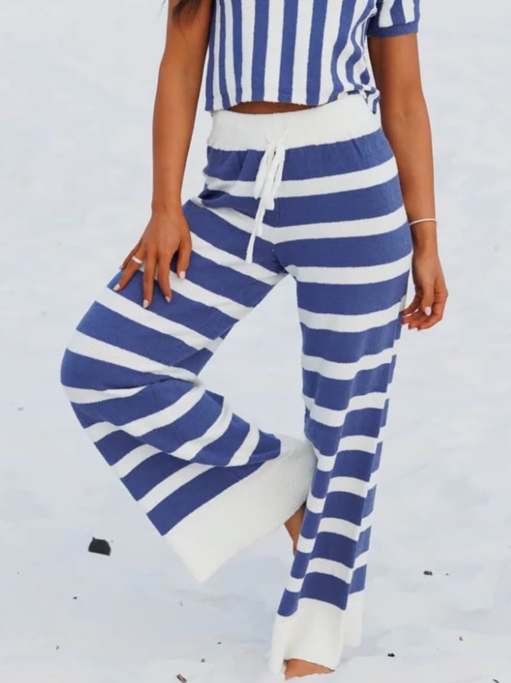 Striped Blue & White Wide-Leg Knit Pants - Casual Beach Style